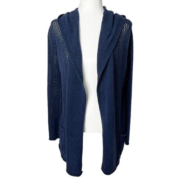 Eddie Bauer Women's Cardigan Sweater M Blue Open Knit Hooded Duster Long Sleeve - Picture 1 of 8